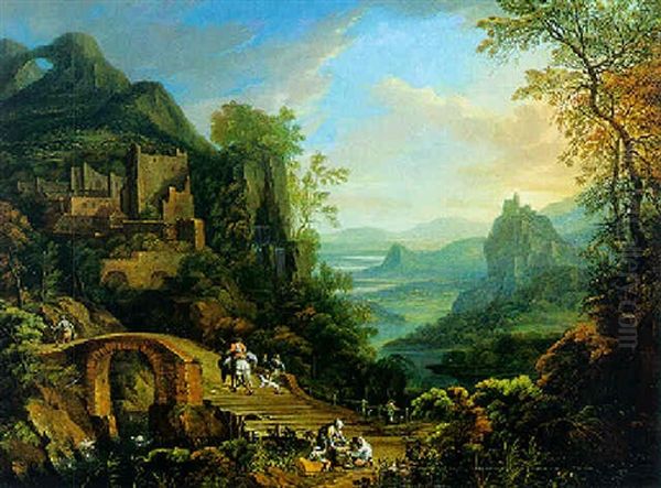 Paysage De Montagne Avec Des Ruines Et Des Voyageurs Sur Un Pont Oil Painting by Robert Griffier