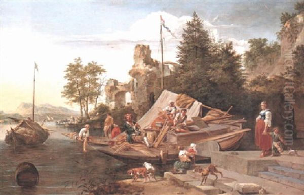 Rhenish River Landscape With Basket Weavers On A Moored Boat Oil Painting by Robert Griffier