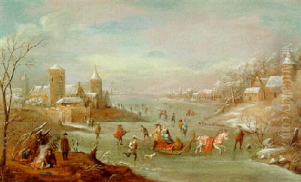 Horse-drawn Sleigh And Skaters On A Frozen River By A Village Oil Painting by Robert Griffier