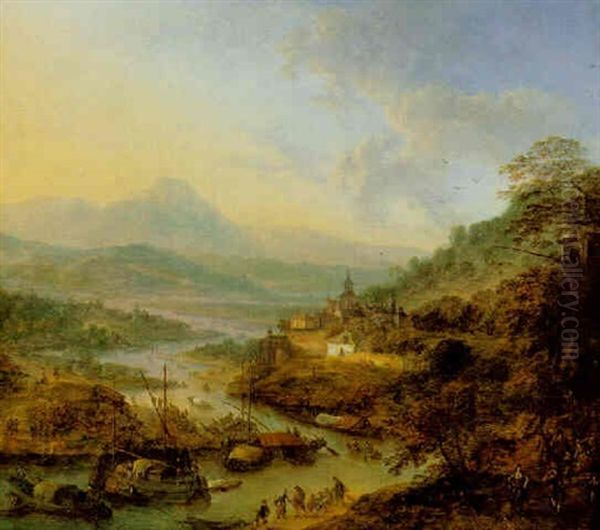 Mountainous Rhenish Landscape With Figures Boating, Others Walking Beside The River, A Town Beyond Oil Painting by Robert Griffier