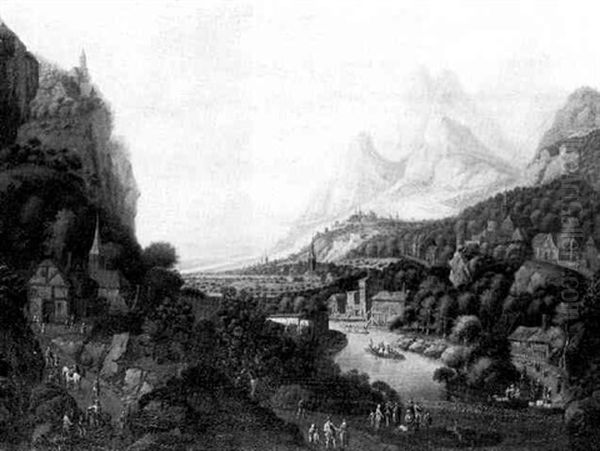 An Extensive Rhenish Landscape With Figures Standing A A Ferry Crossing by Robert Griffier