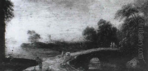 A Wooded Landscape With A Traveller And Horse Crossing A    Bridge Oil Painting by Robert Griffier