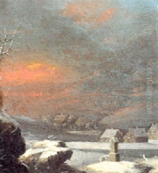 Winterlandschaft Mit Einem Bildstock, Dahinter Ein Dorf Oil Painting by Robert Griffier