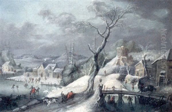 Gebirgige Winterlandschaft Mit Einem Verschneiten Dorf, Pferdeschlitten Und Eislaufern Oil Painting by Robert Griffier