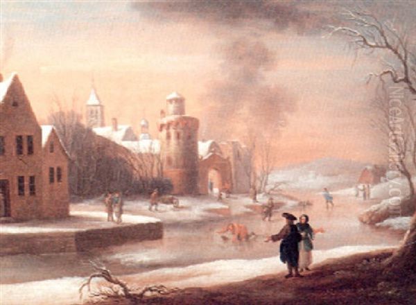 Winterlandschat Mit Eislaufern Vor Den Toren Einer Stadt Oil Painting by Robert Griffier