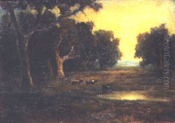 Cattle In A Wooded Pasture Oil Painting by James Martin Griffin