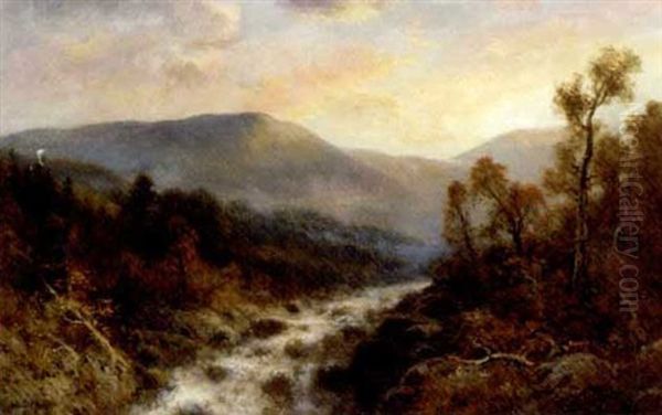 Rushing Rapids In A River Landscape Oil Painting by Thomas Bailey Griffin