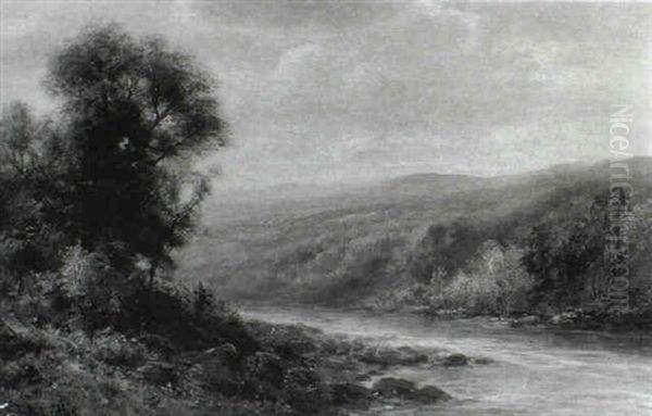 River Landscape With Mountains Beyond Oil Painting by Thomas Bailey Griffin