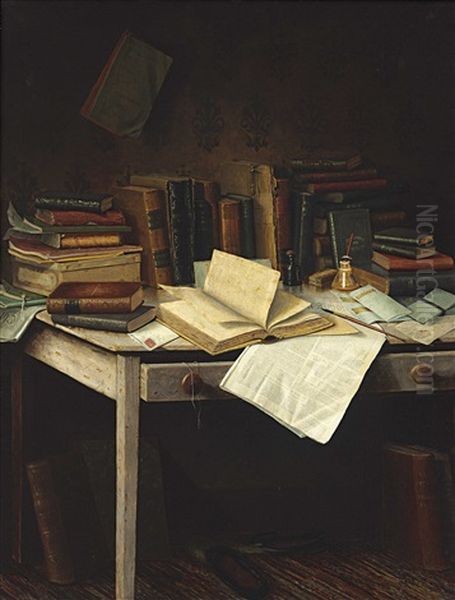 Still Life Of Books, Brush, Inkwell And A Pen On A Table Oil Painting by Edward N. Griffith