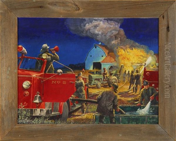 Firemen At The Scene Of A Barn Fire Oil Painting by William Alexander Griffith