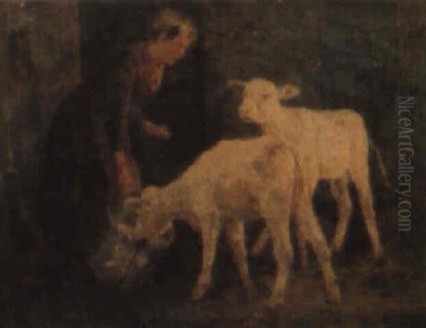 Feeding The Calves Oil Painting by John Griffiths