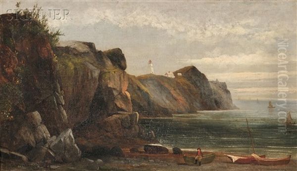 In A Quiet Cove /a Coastal View With Figure, Vessels, And Lighthouse Oil Painting by Samuel W. Griggs