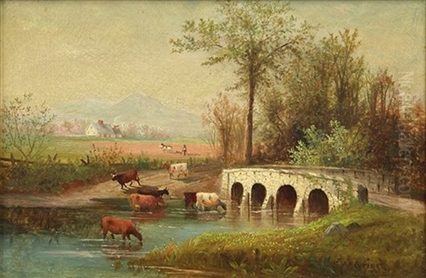 New England Spring Landscape With Cattle By The Bridge by Samuel W. Griggs