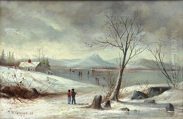 Winter Scene With Skaters On The Lake (white Mountains, New Hampshire) Oil Painting by Samuel W. Griggs