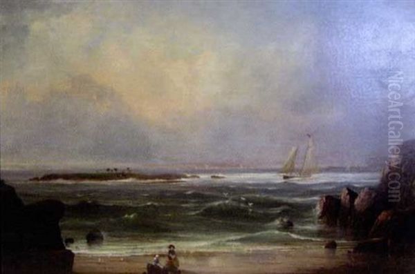 Maritime Scene With Boats On Choppy Ocean, Figures On Beach Between Rocky Promontories Oil Painting by Samuel W. Griggs