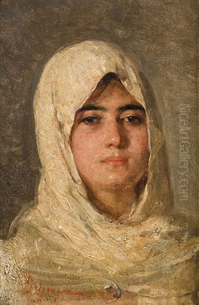 A Girl With A Veil Oil Painting by Nicolae Grigorescu