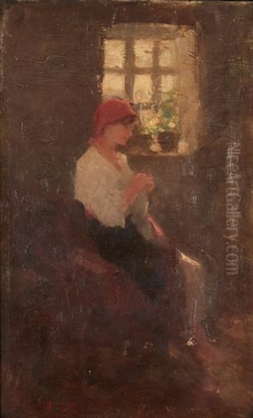 Jeune Femme A Sa Couture Oil Painting by Nicolae Grigorescu