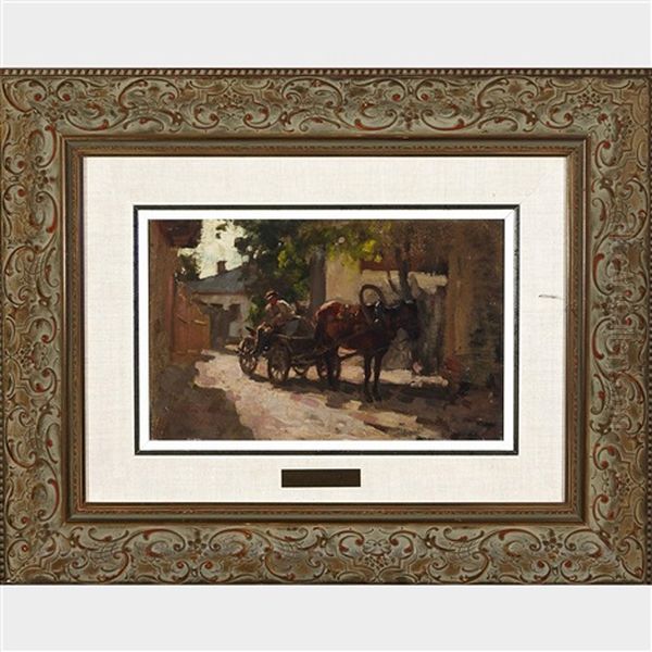 Farmer And Cart In A Shaded Village Lane Oil Painting by Nicolae Grigorescu