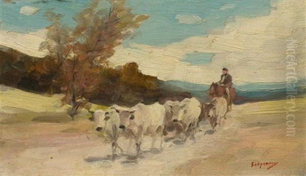 Reiter Mit Einer Kuhherde In Einer Landschaft Oil Painting by Nicolae Grigorescu