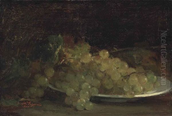 Still Life With Grapes; Hay Wagon And Cattle (recto-verso) Oil Painting by Nicolae Grigorescu