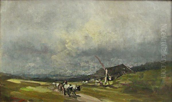 Cart With Oxen In The Tempest Oil Painting by Nicolae Grigorescu