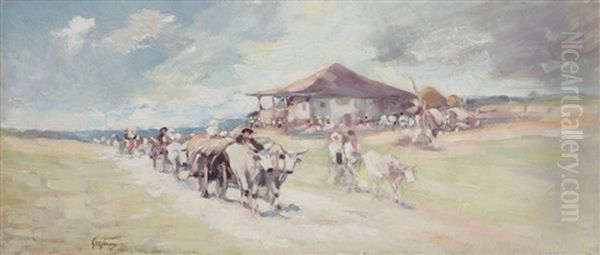 Bull Carts At Oratii Oil Painting by Nicolae Grigorescu