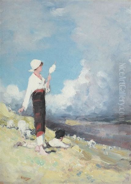 Peasant Girl With Herd Of Sheep, On Muscelul Valley Oil Painting by Nicolae Grigorescu