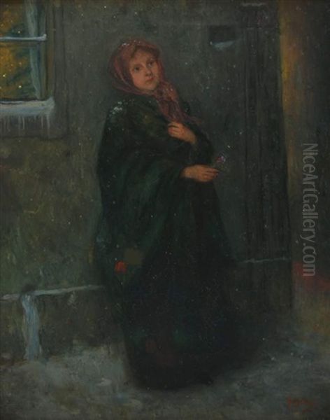 Junge Frau Mit Kopftuch Und Blume In Der Hand Vor Winterlichem Haus Wartend Oil Painting by Nicolae Grigorescu