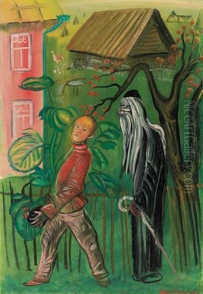 Alyosha And Ferapont From Fyodor Dostoevsky's The Brothers Karamazov Oil Painting by Boris Dmitrievich Grigoriev