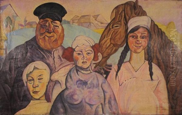 Groupe Portait With A Horse by Boris Dmitrievich Grigoriev