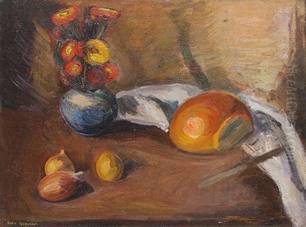 Still Life With Flowers And Bread Oil Painting by Boris Dmitrievich Grigoriev