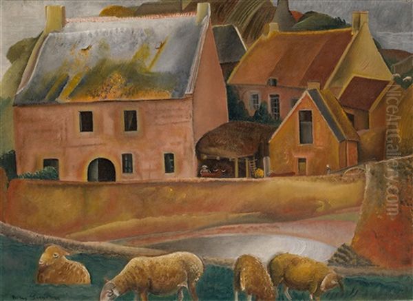 Farm With Lambs Oil Painting by Boris Dmitrievich Grigoriev