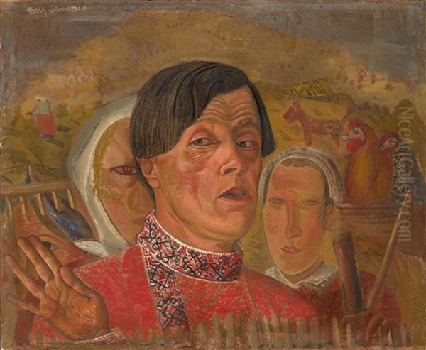 Self-portrait With Hen And Rooster Oil Painting by Boris Dmitrievich Grigoriev