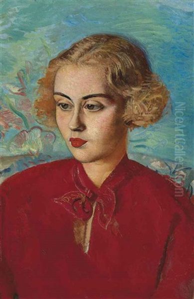 Woman In Red Oil Painting by Boris Dmitrievich Grigoriev