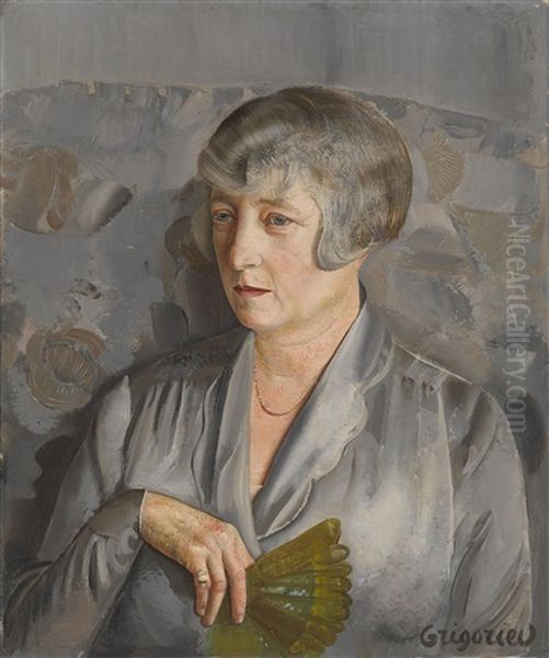 Portrait Of Madame Barthelemy With A Green Fan Oil Painting by Boris Dmitrievich Grigoriev