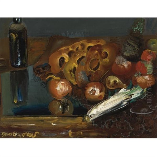 Still Life With Bread And Vegetables Oil Painting by Boris Dmitrievich Grigoriev