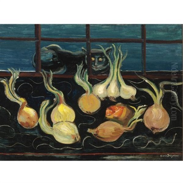 Still Life With Cat And Onions Oil Painting by Boris Dmitrievich Grigoriev