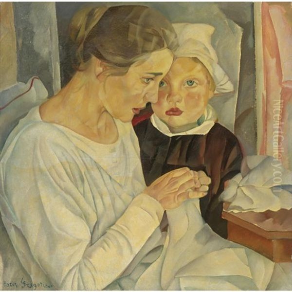 Mother And Child Oil Painting by Boris Dmitrievich Grigoriev