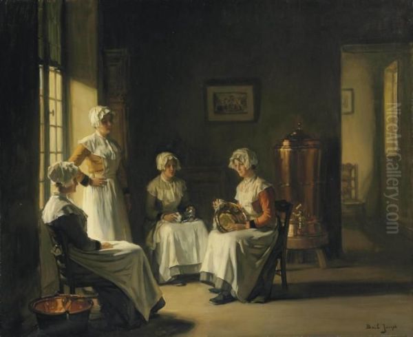 An Interior With Women Polishing Brass Oil Painting by Joseph Bail