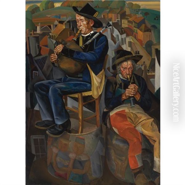 Binious (pipe Players) Oil Painting by Boris Dmitrievich Grigoriev