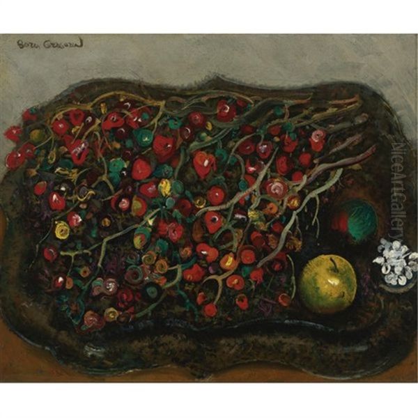 Still Life With Berries And Apples Oil Painting by Boris Dmitrievich Grigoriev