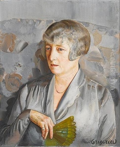 Portrait Of Madam Barthelemy With Green Fan Oil Painting by Boris Dmitrievich Grigoriev