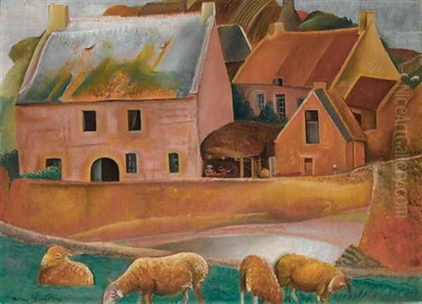 Farm With Rams Oil Painting by Boris Dmitrievich Grigoriev