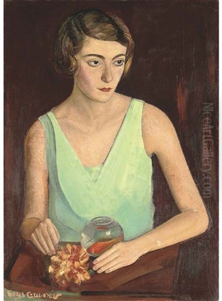 Portrait Of A Young Woman In A Green Dress Oil Painting by Boris Dmitrievich Grigoriev