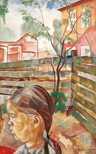 A Girl In The Yard Oil Painting by Boris Dmitrievich Grigoriev