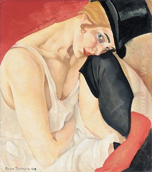 Woman In Top Hat Oil Painting by Boris Dmitrievich Grigoriev