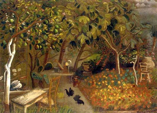 Garden With Birds Oil Painting by Boris Dmitrievich Grigoriev