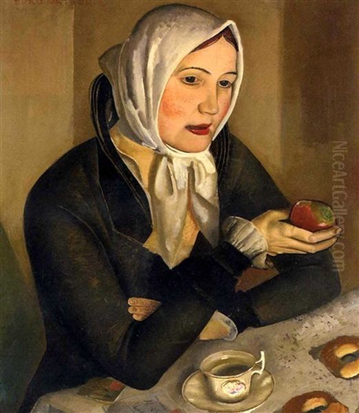 Woman With Apples Oil Painting by Boris Dmitrievich Grigoriev