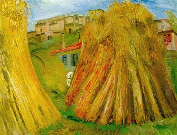 Haystacks And Houses Oil Painting by Boris Dmitrievich Grigoriev