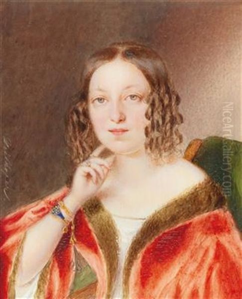 A Portrait Of A Lady In A Red Fur-trimmed Coat Oil Painting by Matthias Grilhofer